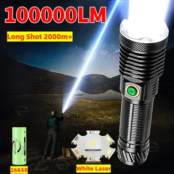 100000LM Legerősebb LED-es Zseblámpa Fehér Lézer Taktikai Vaku USB Tölthető Zseblámpa Hosszú távú Lámpa Kemping Lámpás