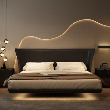 minimalista bőr ágy kis lakás szél fekete lebegő ágy modern minimalista, kétszemélyes hálószoba ágy hitvesi ágy