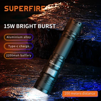 SuperFire A12-es Nagy teljesítményű led lámpa 15W Zoom Hordozható Fáklya 200m Hosszú távú Újratölthető usb-c Kempingezni, Horgászni Lámpás