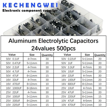 500Pcs/sok 0.1 UF-1000UF 24Values Alumínium Elektrolit Kondenzátor 16-50V mix Elektrolit kondenzátor Válogatott készlet, valamint tároló doboz