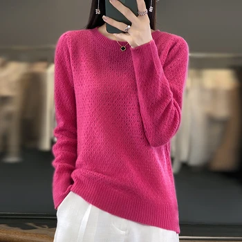 Kerek nyak könnyed hollow 100% gyapjú pulóver női 2023 őszi/téli új egyszínű pulóver laza, lusta felső