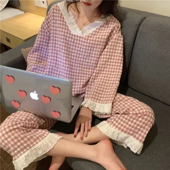 M19 Pizsama Női Új Modulokat Japán Stílusú skót Kockás Egyszerű Édes Instafamous Hosszú Ujjú Csipke Lány Otthoni Viselet kétrészes Öltöny