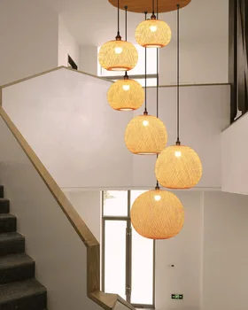 Modern Bambusz fonalból készült Medál Fény Minimalista Kerek Labda Kézzel készített Lámpatest a Staircas Nappali, Hálószoba Decor E27 Csillár