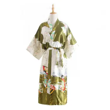 Femme Peignoir Menyasszonyi Köntöst Japán Kimonó Fürdőköpeny Nők Műselyem Hálóruházat Hosszú Hálóing Virág Nyomtatás Loungewear Homewear