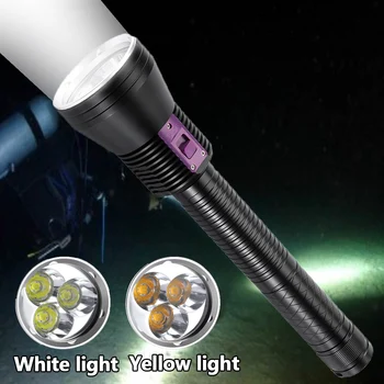 100M Vízálló LED Búvárkodás Zseblámpa 3*XHP70 Sárga/Fehér fény, Víz alatti Búvárkodás Fáklya szabadban Taktika Merülés Fény Lámpa