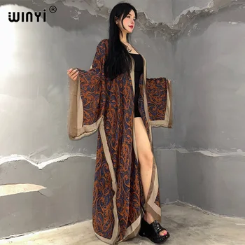 WINYI kimonó Bikini Fedezi fel Elegáns, strand ruha, női Klasszikus kesudió nyomtatás pamut érzés vestidos para mujer ruha kaftán