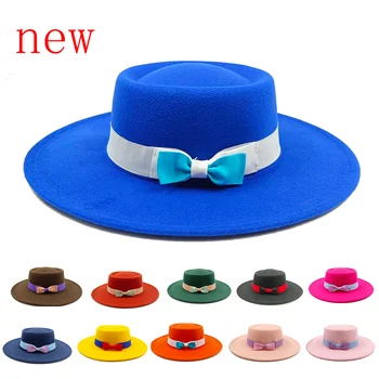Fedora Royal Kék Sapka kétszínű Íj Szalag Őszi-Téli Homorú Felső Férfiak, mind a Nők Kalapja sombrero jár sombrero mujer