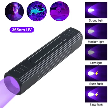 Mini 365nm UV LED-es Zseblámpa, USB Újratölthető Nagyítható Fekete Fény 5Modes Uv UV Fáklya Portable Pet Vizelet Foltok Skorpió