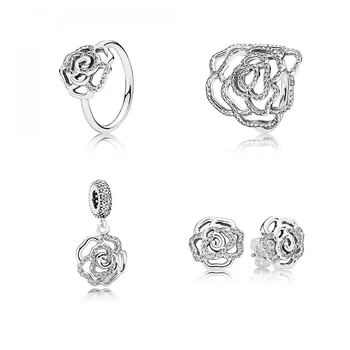 Kiváló minőségű új S925 ezüst rózsa fülbevaló, gyűrű, medál szett, gyönyörű, divatos ékszereket küldeni női karkötő ékszer