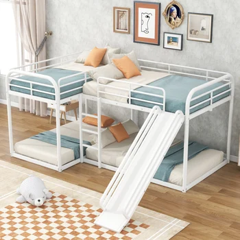 Teljes Twin ágy,Funkcionális L-Alakú, Emeletes Ágy Dia &Rövid Létra,4 Ágyas, 1,Elegáns & Tartós ágy,Hálószoba,Fehér