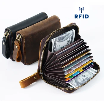 Retro VIP ID Bank a Hitelkártya Birtokos Cipzáras Tárca Vékony Kis Kártyák Esetekben Slim Őrült Ló Bőr RFID Férfi Kézzel készített Cardbag