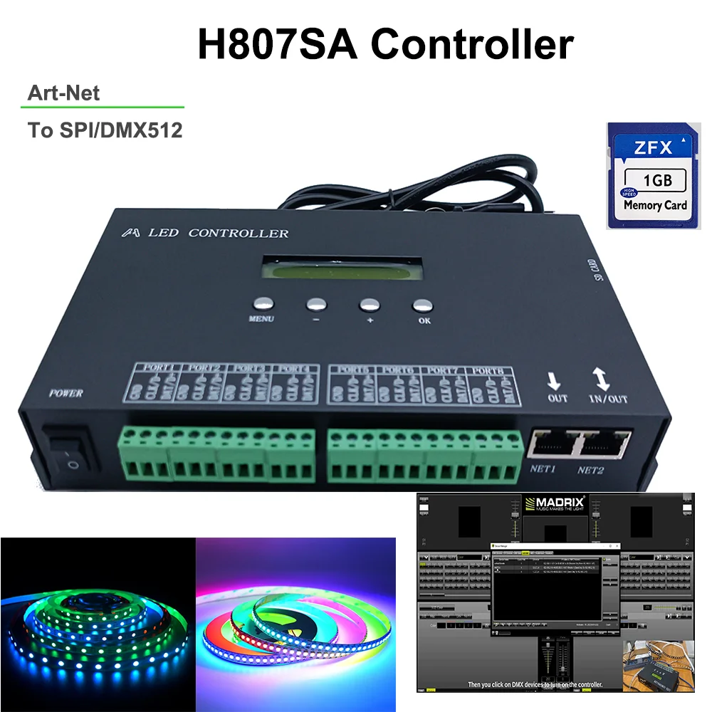 H807SA Vezérlő Madrix 8Port Artnet, Hogy SPI Pixel Vezérlő WS2811 WS2812 WS2812b WS2815 Led Szalag Lámpa - 0