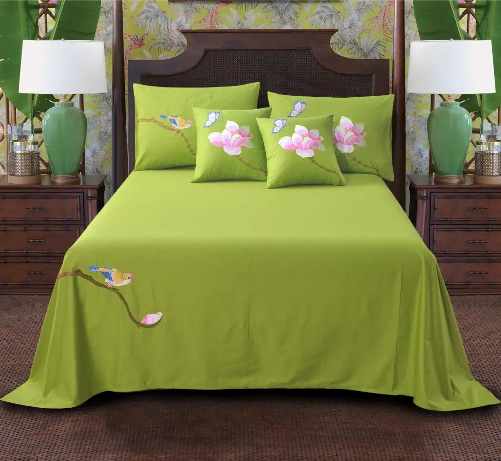 Tiszta pamut twill hímzett dupla lepedő ágynemű szett Kínai Stílusú Ágytakarók a ágytakaró zöld 3pcs - 1