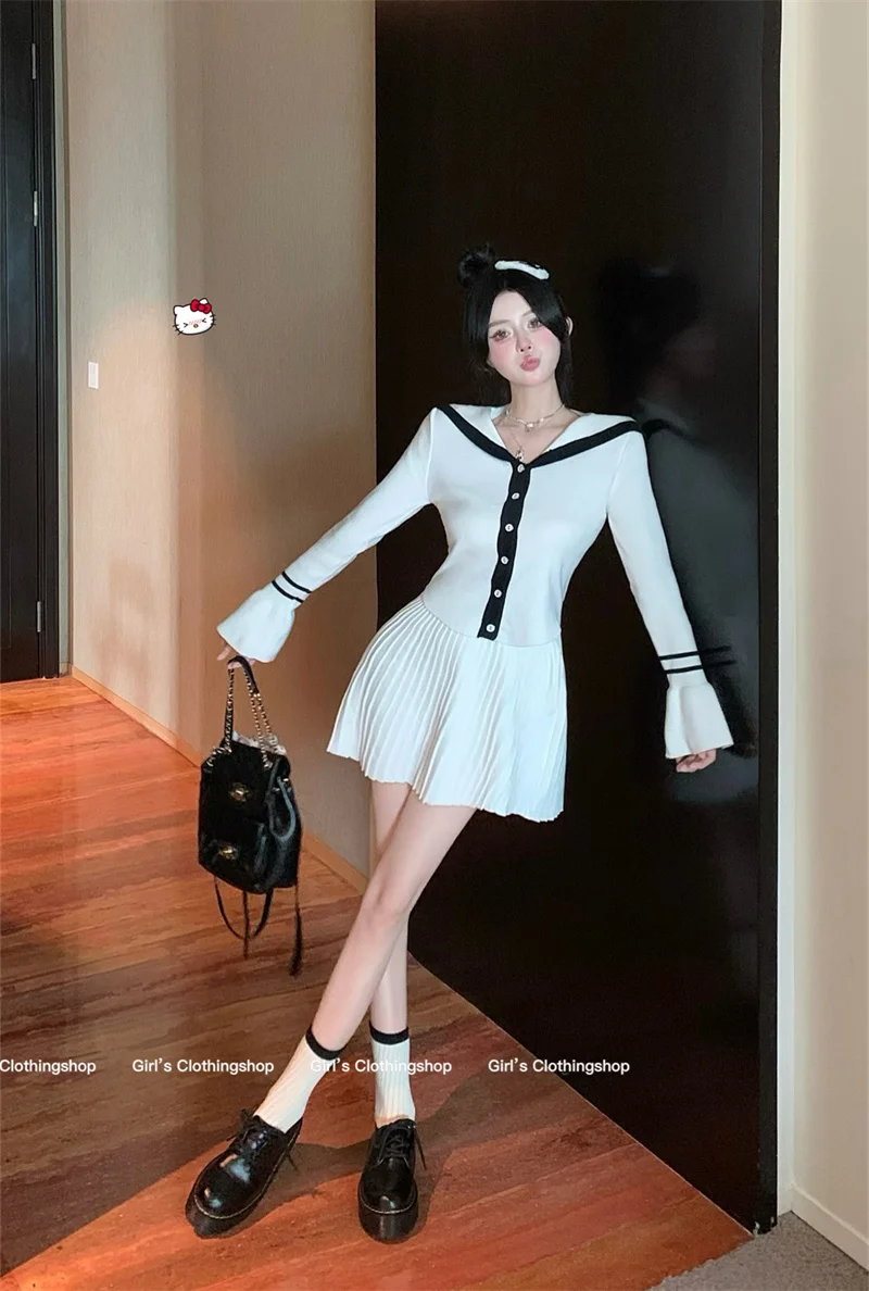 A koreai stílus divatos női haditengerészet kötött derék ruha szoknya őszi fekete fehér szín megfelelő, édes két darabos készlet akadémia - 4