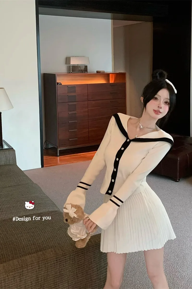 A koreai stílus divatos női haditengerészet kötött derék ruha szoknya őszi fekete fehér szín megfelelő, édes két darabos készlet akadémia - 5