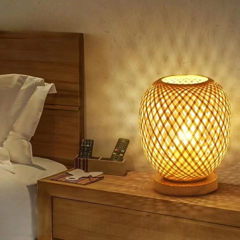Bambusz fonalból készült asztali Lámpa Természetes Fából készült alappal Szem-Gondoskodó Hálószoba ágy melletti Éjjeli Lámpa Kézműves Olvasás Dest Fény lakberendezés - 5