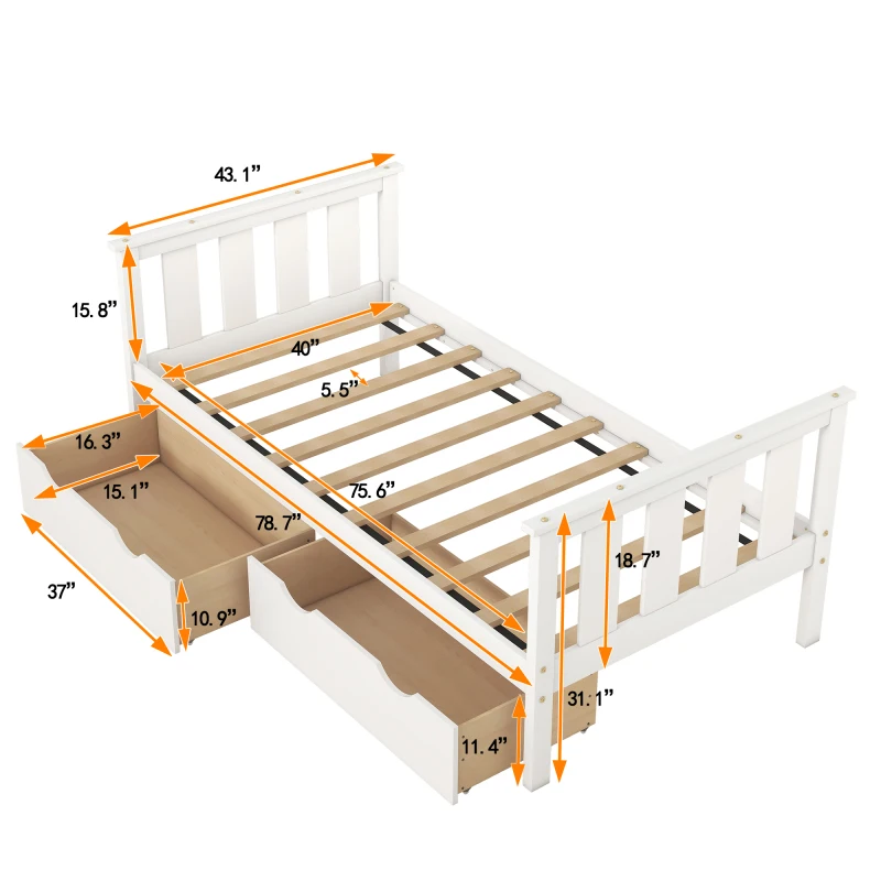 Twin Méretű franciaágy Fa ágykeret tárolóval Fiókok, beltéri bútor,Fehér - 5